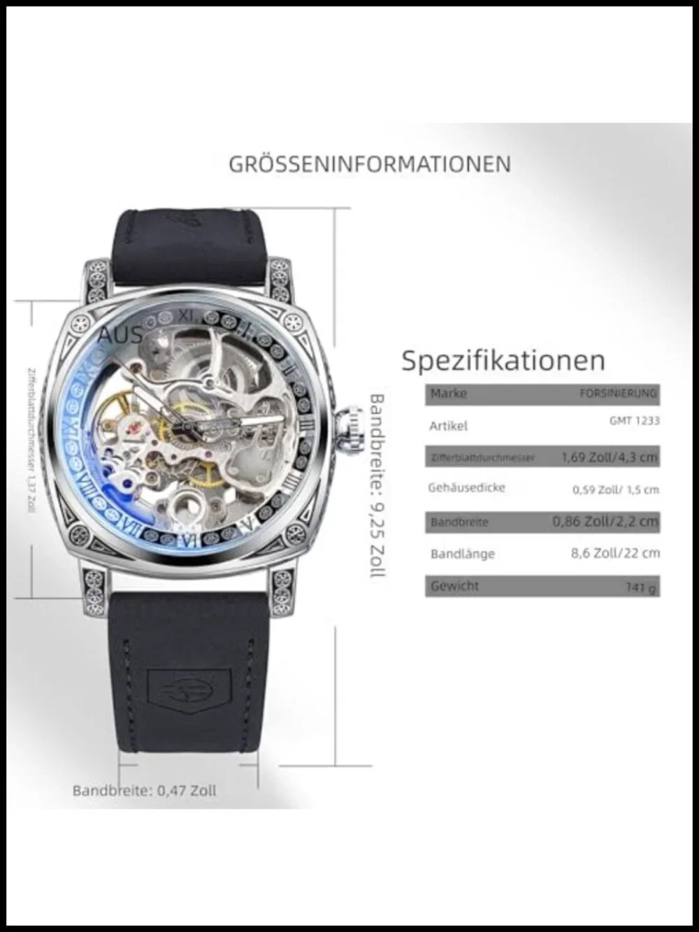 FORSINING Men's Square Retro Mechanical Watch Self-Wind Skeleton Carved Leather